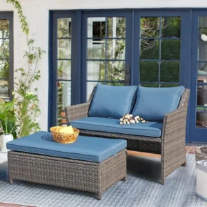 2-Piece Outdoor Patio Furniture Wicker Love-seat and Coffee Table Set